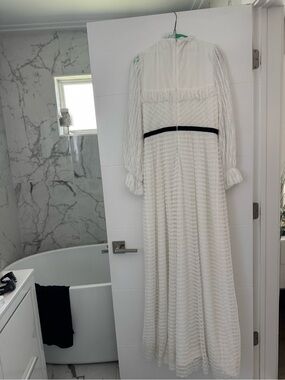 White Long-Sleeve Maxi Wedding Dress with Black Waist Accent